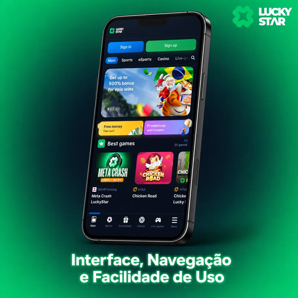 Menu inferior fixo do app Lucky Star com acesso a esportes, cassino, promoções e boletim de apostas em gaveta lateral.