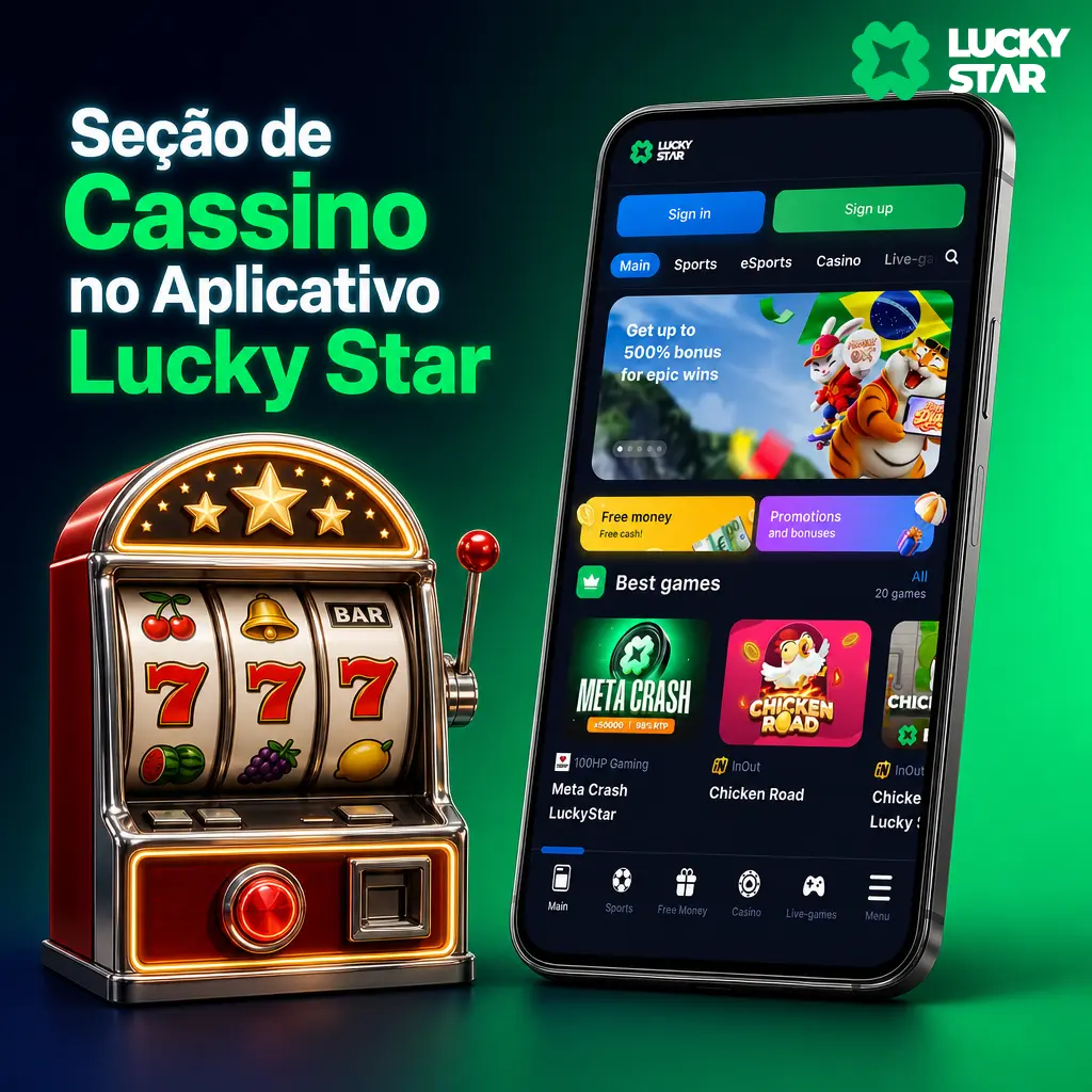 Seção de cassino do app Lucky Star com caça-níqueis, crash games, mesas ao vivo e jackpots progressivos